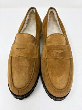 Unützer Tan Suede Shearling-Lined Lug Sole Penny Loafers - Size 40